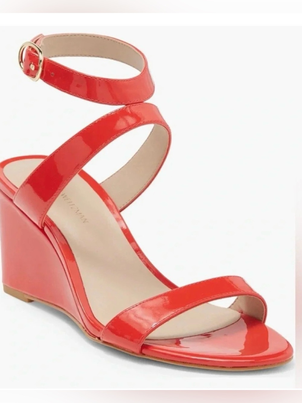 Stuart Weitzman Red Patent Wedge Sandal with Ankle Wrap size 8